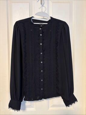 Ann Taylor Black Button-Front Lace-Trim Blouse
